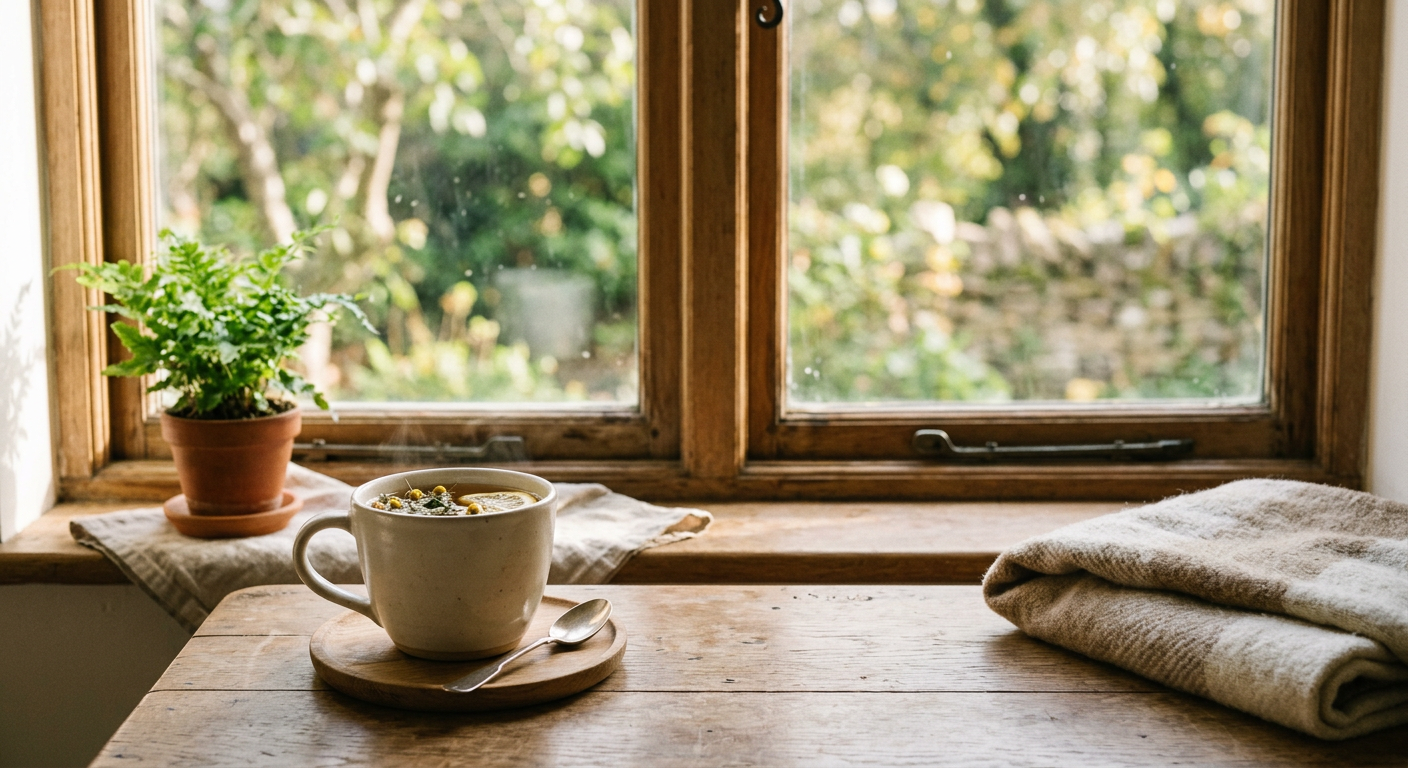 A warm cup of herbal tea in a cosy morning setting