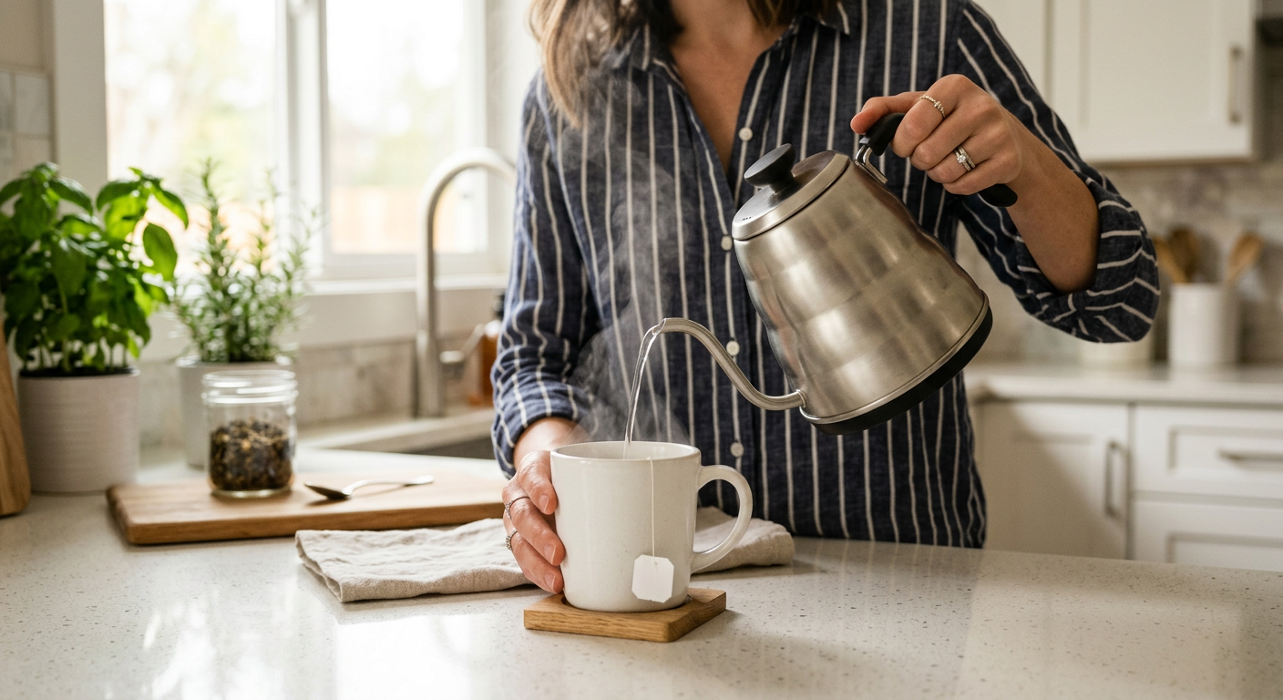 Carefully preparing a cup of SpinAndSnag botanical tea